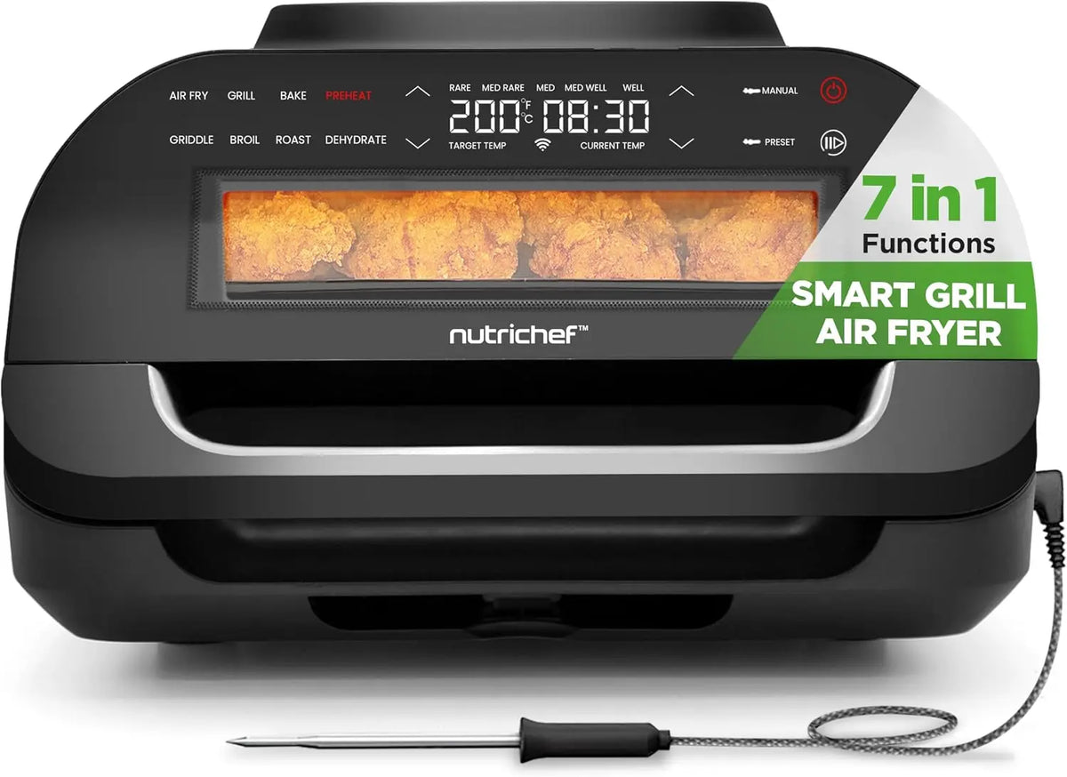 NutriChef Indoor Smokeless Grill, Smart Grill & Air Fryer with 7 Cooking Functions, 6L Capacity, Includes Smart Thermometer