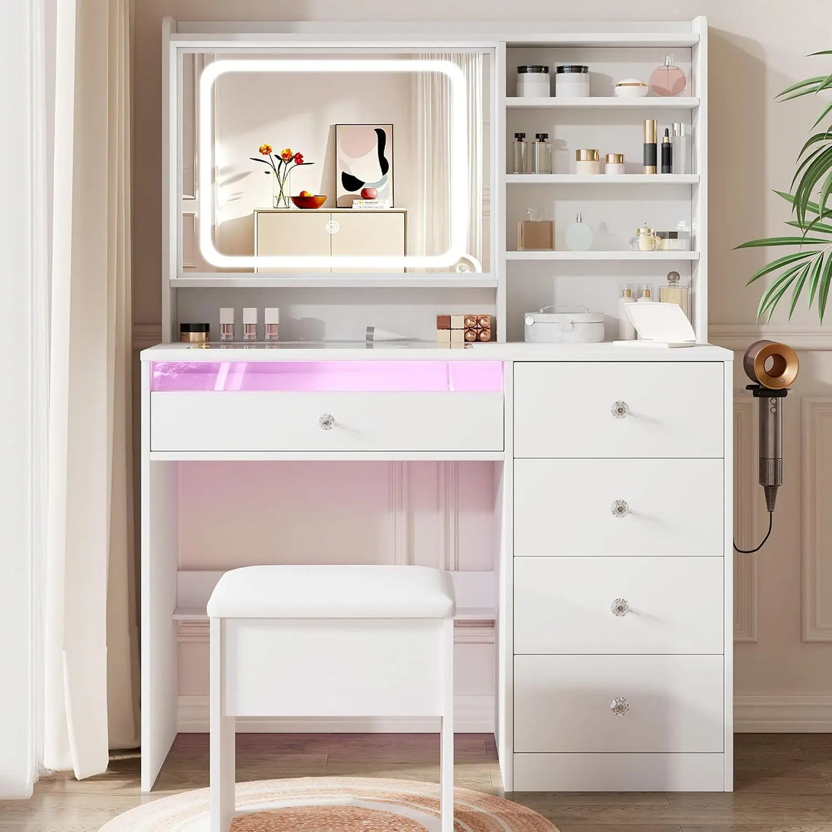 LIVELYGLOW 39.4 Inch White Vanity Desk Set with Glass Desktop & RGB Light Strip
