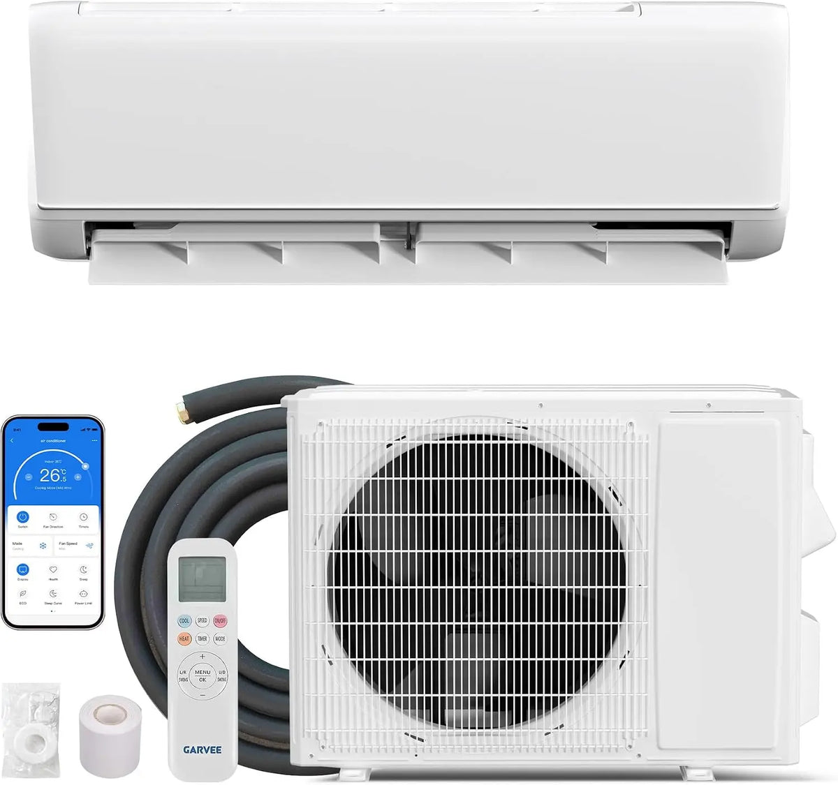 9000 BTU Wifi Enabled Mini Split Air Conditioner & Heater, Timer