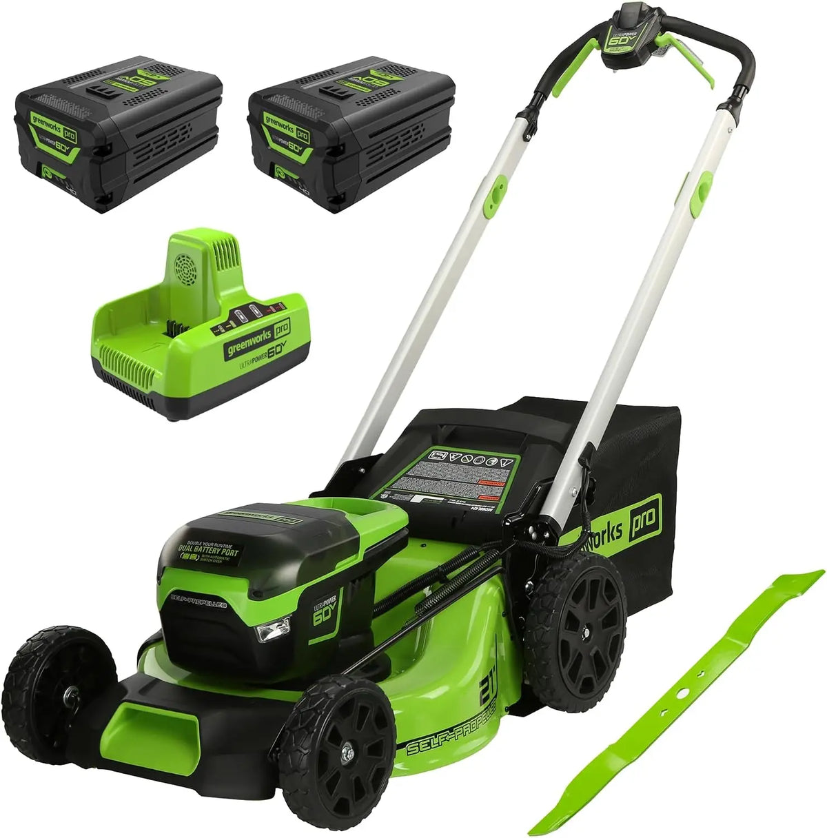 Greenworks 60V 21in Brushless Self-Propelled Cordless Lawn Mower, 2 x 4.0Ah Batteries 3/4 Acre, Rapid Charger, 4-in-1, LED Lights, IPX4