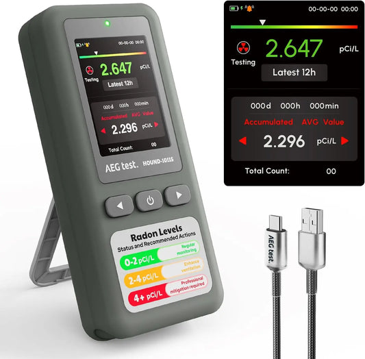 HOUND-1011S Portable Radon Detector, High-Accuracy Sensor for Home, Lightweight, Audible & Visual Alarms, Long-Term Monitoring, LCD Display