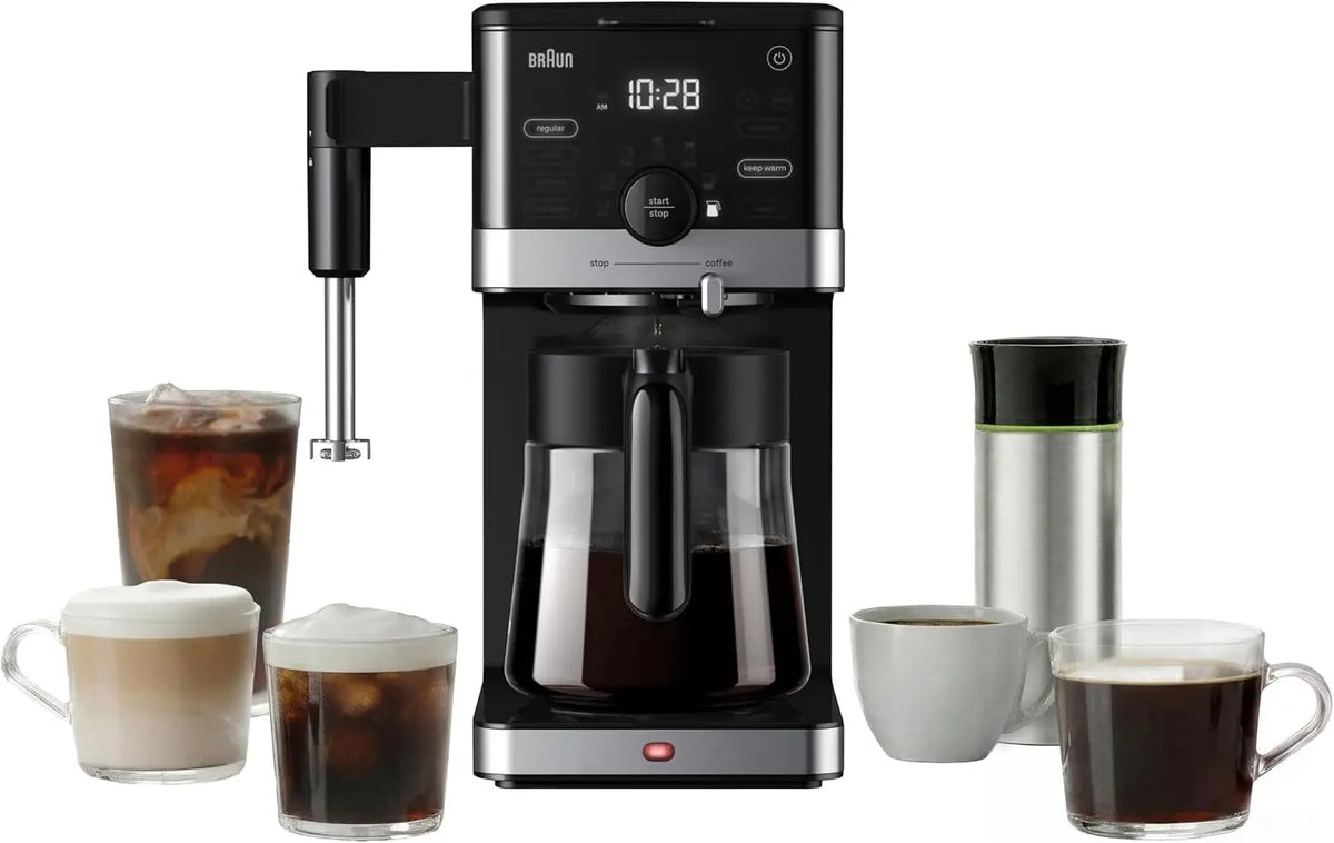 Braun OptiBrew Pro Drip Coffee Maker, Single Serve to 12 Cups, Milk Frother, Timer