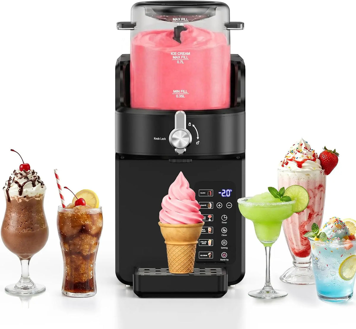 Slushie Machine, 50OZ Soft Serve Ice Cream Maker with 6 Presets, Black, Timer