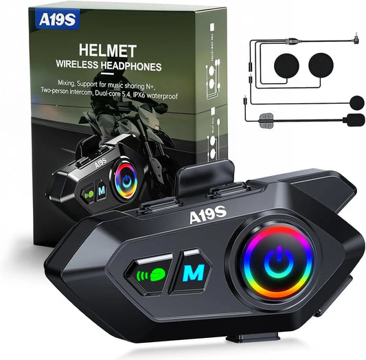 A19S Motorcycle Helmet Bluetooth Headset, 2-Way 1KM Intercom, DSP Noise Cancellation, IPX7 Waterproof, BT5.4 Helmet Headphone