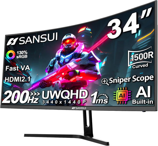 SANSUI 200Hz 34-Inch Curved Gaming Monitor UWQHD 3440 x 1440P Ultrawide