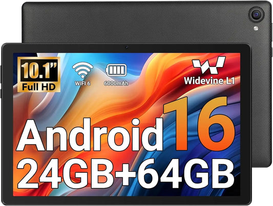 Jeazans Tablet, 10.1 Inch Android 16 Tablet, 24GB RAM 64GB ROM 1TB Expand, Bluetooth Connectivity, Wi-Fi Connectivity