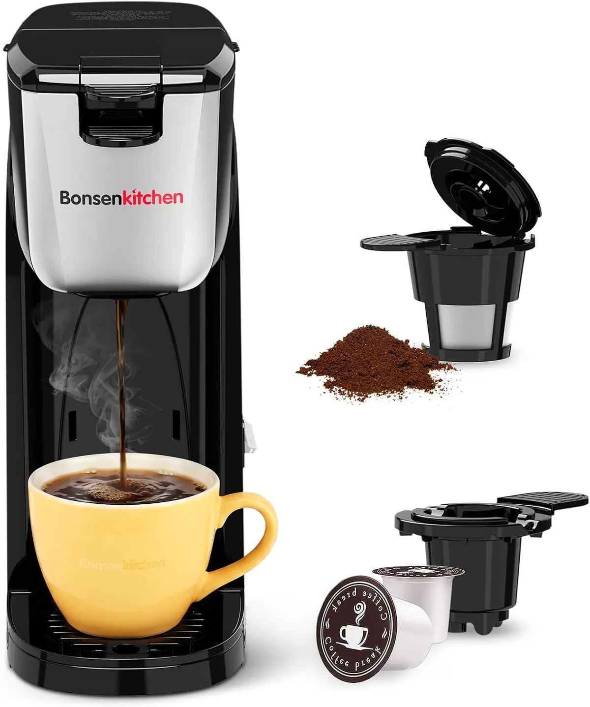 Bonsenkitchen Single Serve Coffee Maker - 6-14 oz Brew Sizes, Brewing