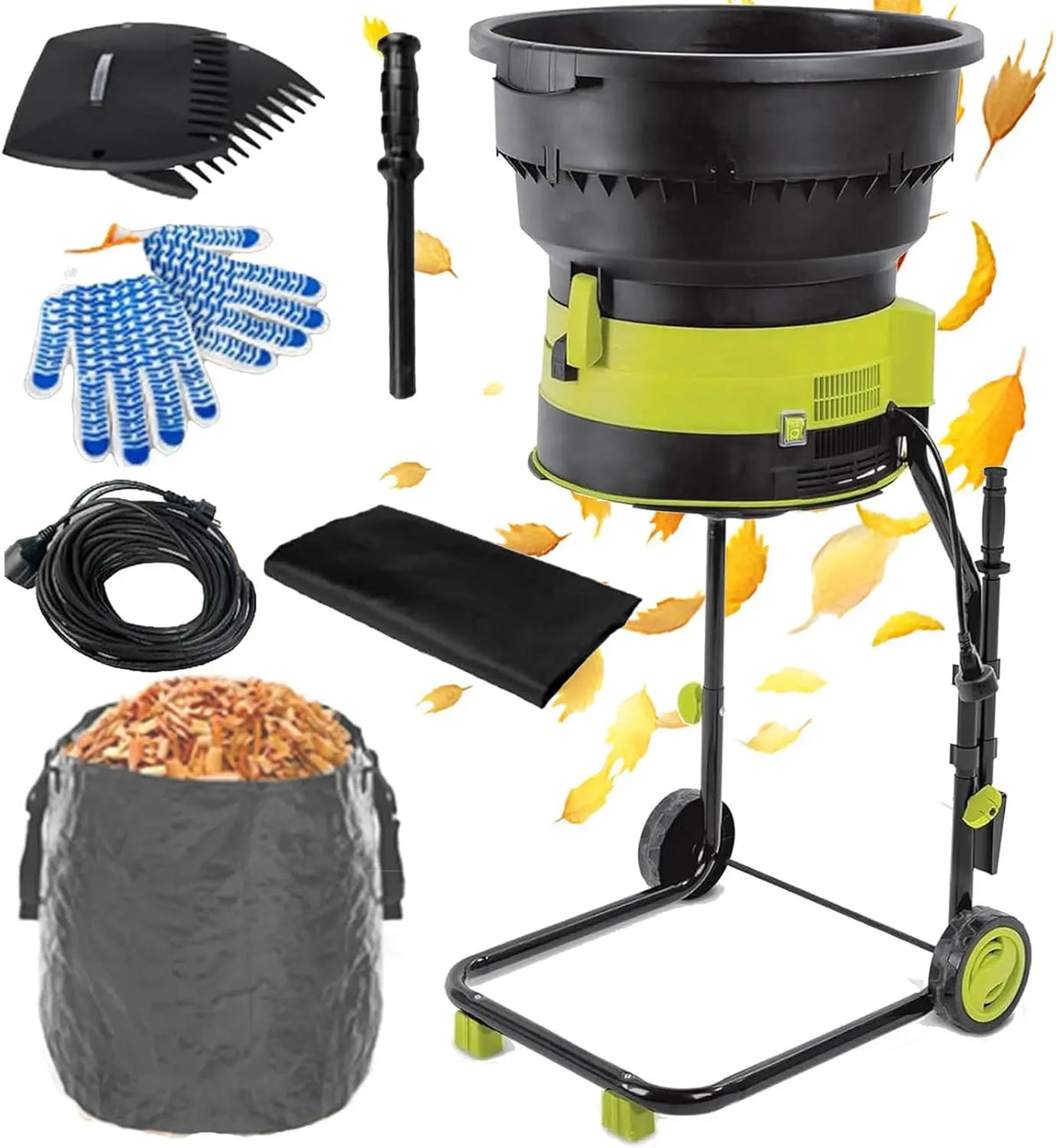 Electric Leaf Mulcher Garden Shredder, 2500w Bladeless Compost Shredder, 8000rpm Speed, with Wheels, Leaf Rake, Storage Bag, 30m-Power-Cord