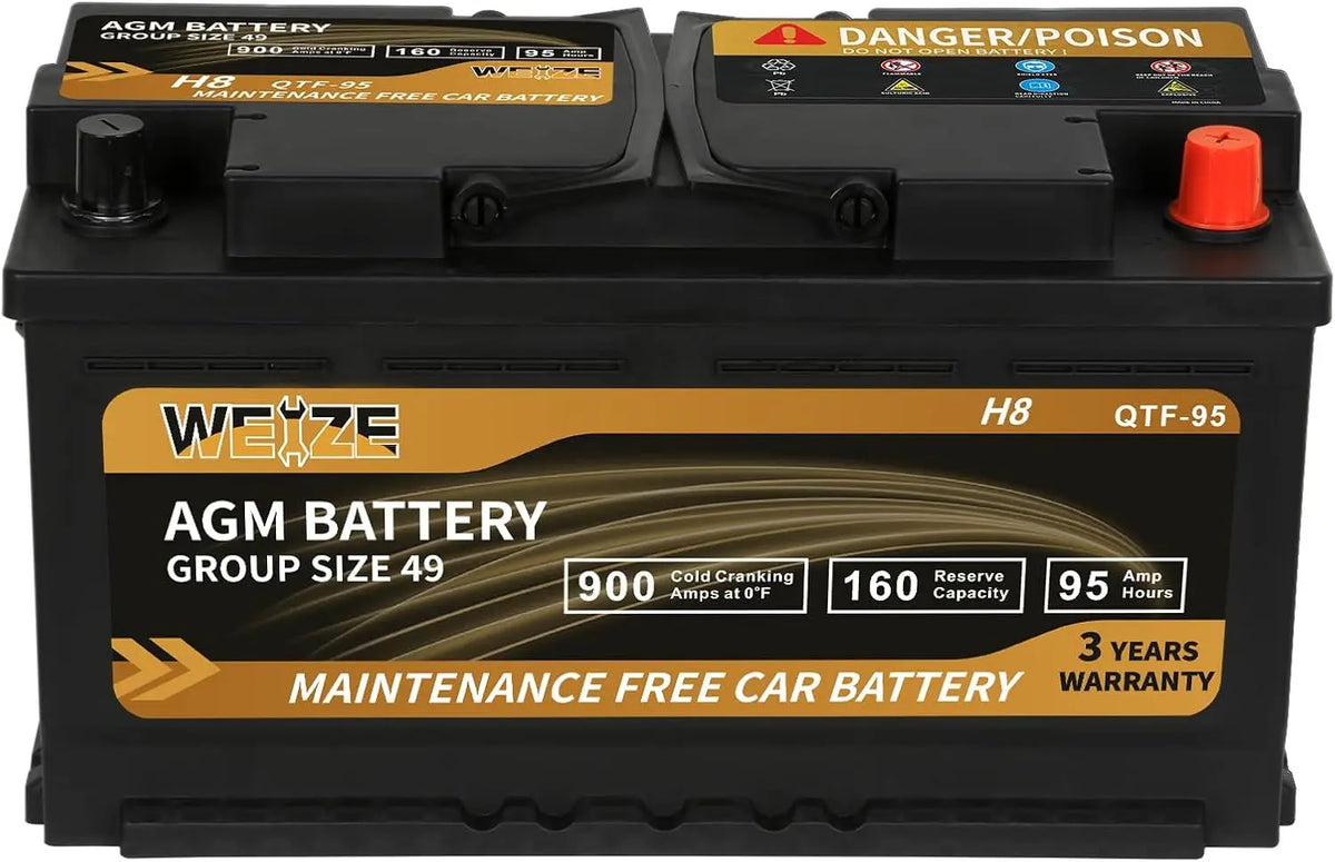 Weize Platinum AGM Battery BCI Group 49-12v 95ah H8 Size 49 Automotive Battery, 160RC, 900CCA, 36 Months Warranty