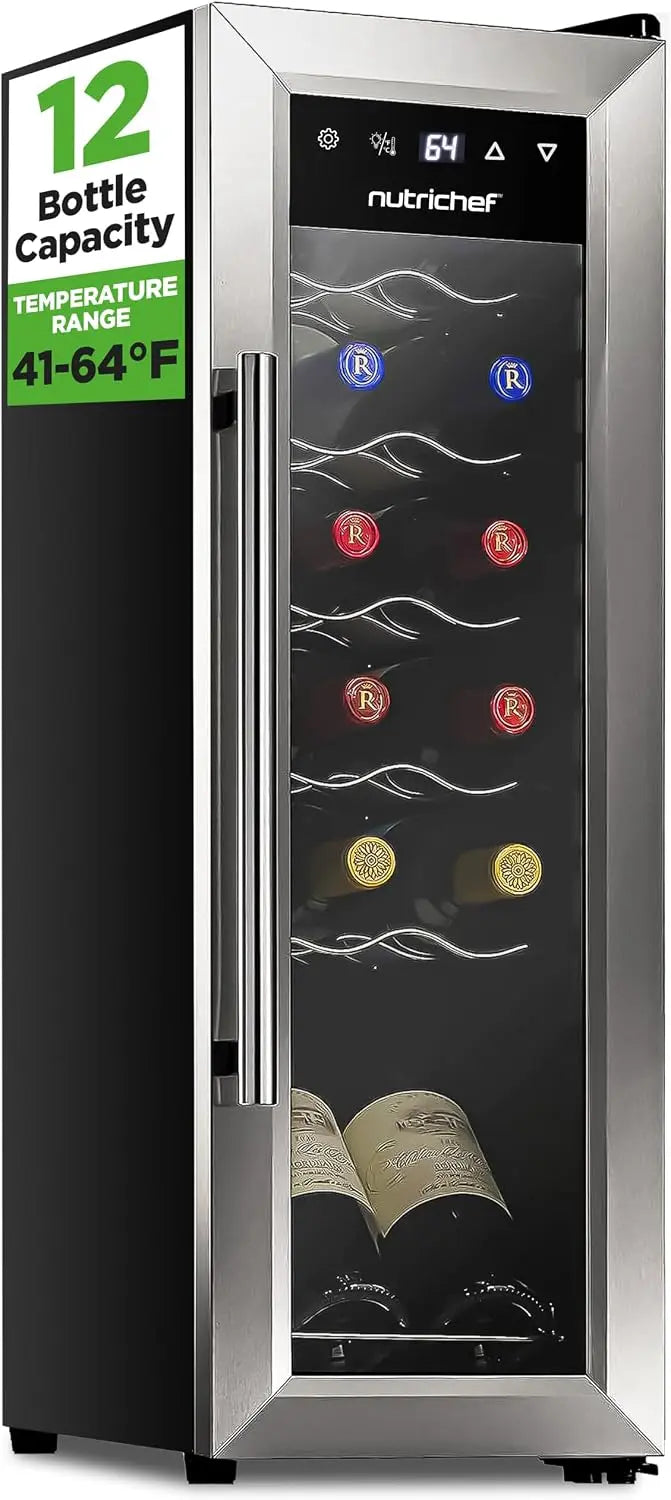 Nutrichef 12 Bottle Stainless Steel Slim Wine Fridge, Adjustable Temperature