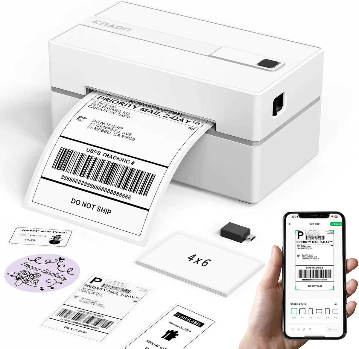 KNAON Bluetooth Thermal Shipping Label Printer, 4x6 Portable Thermal Address Label Printer for Small Business, Compatible with iPhone, Android, White