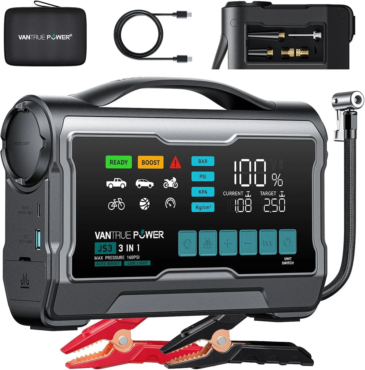 VANTRUE 160PSI POWER JS3 Real 3250A Jump Starter with Air Compressor