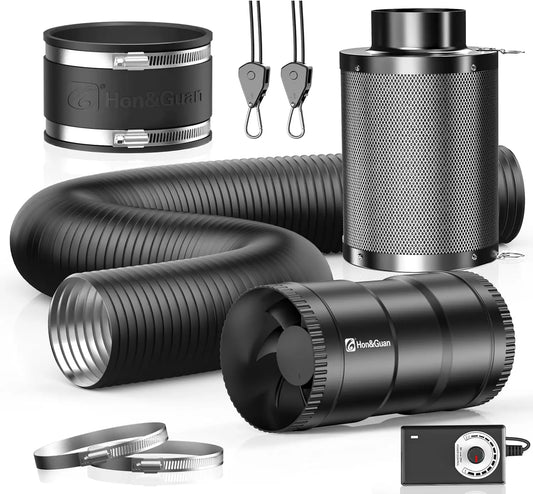 Hon&Guan 4 Inch Air Filtration Kit: 4 Inch Inline Duct Fan with Speed Controller, 10 Inch High Carbon Filter, 8 Ft Ducting & Rubber Coupler