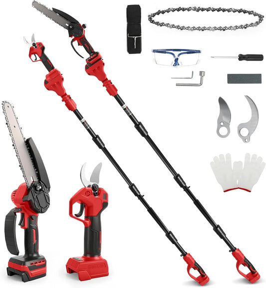 8 Inch Mini Chainsaw with Extension Pole and 30 mm Electric Secateurs Compatible with Milwaukee 18V Battery, Brushless Motor