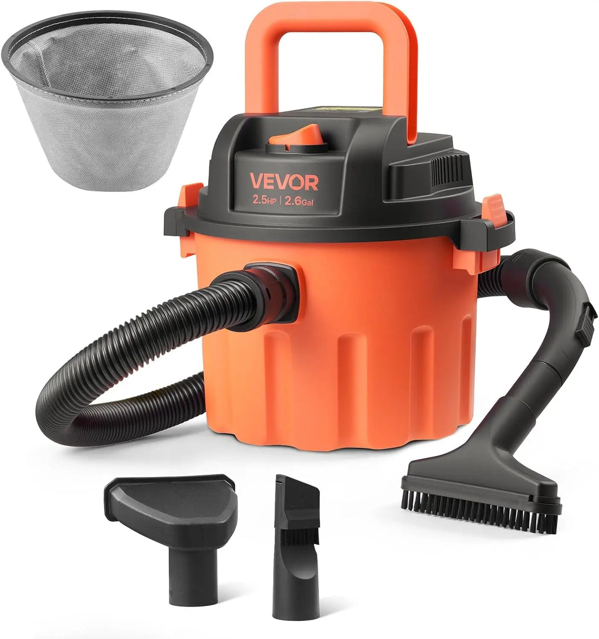 VEVOR Dry Vacuum Cleaner, 2.6 Gallon 2.5 Peak HP Portable Shop Vacuum with 800W Input Power, Various Nozzles, 1.25in Diameter x 4ft Hose, Black Orange