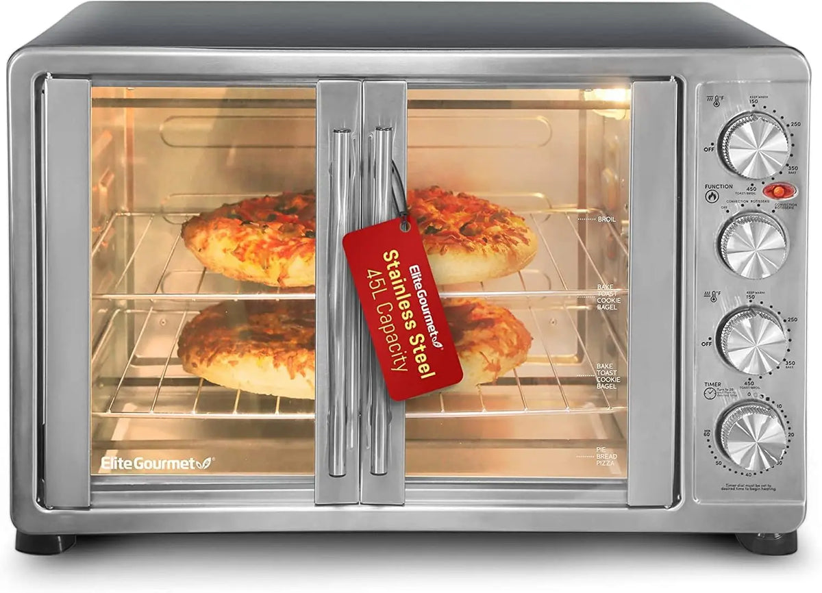 Elite Gourmet ETO4510MX French Door Convection Oven 47.5Qt, Stainless Steel, Timer
