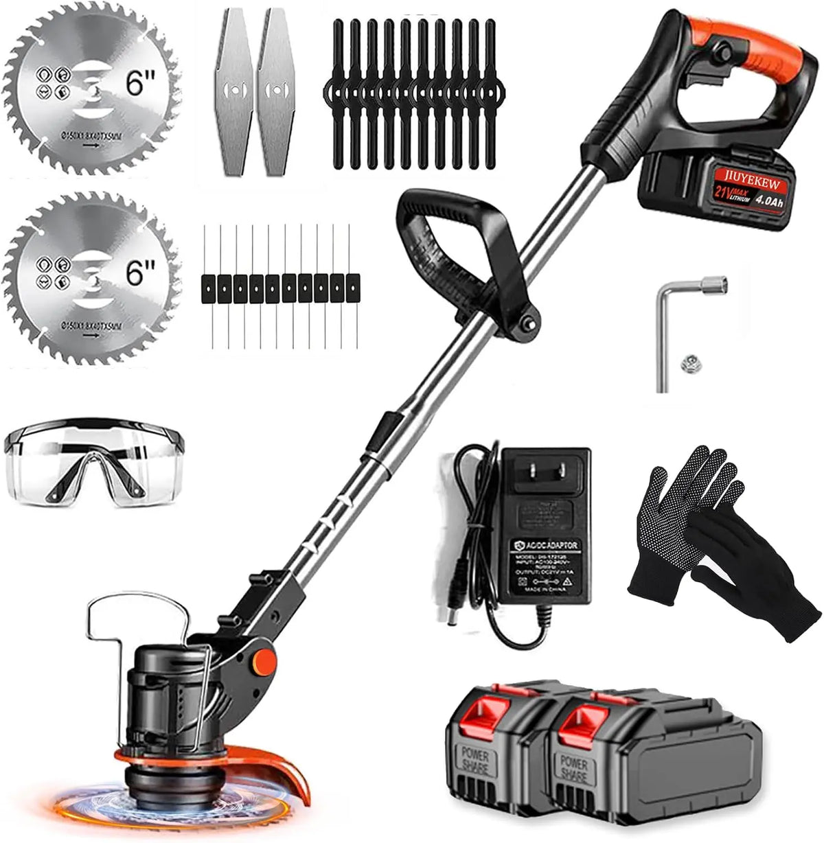 Weed Wacker Cordless, 21V Battery Powered Grass Trimmer 3-in-1 Stringless Grass Trimmer/Edger/Brush Cutter with 2×4.0Ah Batteries Orange B