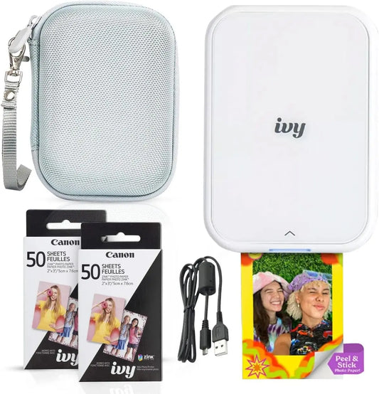 Canon Ivy 2 Mini Photo Printer Pure White, Bluetooth, Print from iOS & Android Devices, Bundle Incl. 110 Zink Sticky-Back Prints, LED Light Bar