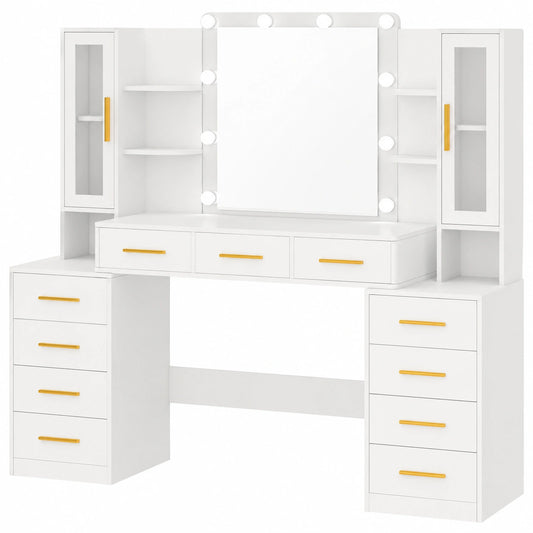 Coiffeuse, avec tiroirs, avec étagères, avec portes, en verre, coloris blanc, pour la chambre