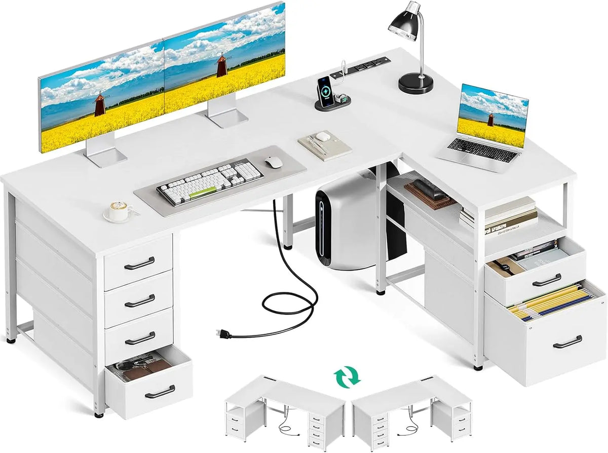 Coleshome 55 Inch L Shaped Office Desk with 6 Drawers, Power Outlet, White, Bluetooth Connectivity