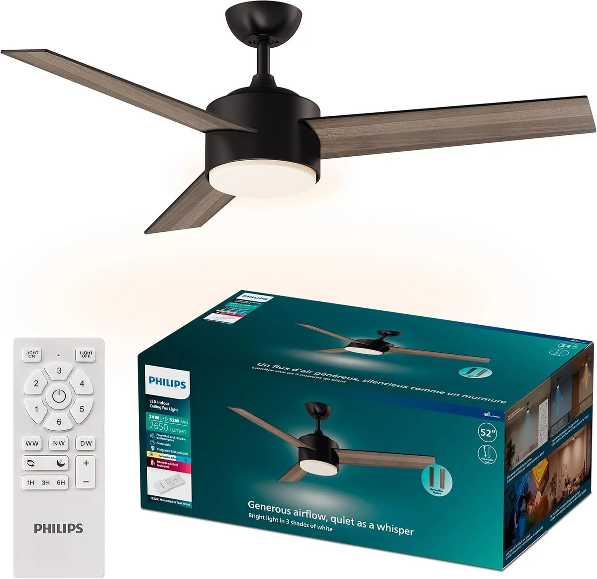 Philips Indoor Ceiling Fan, Dark, with Bright LED Light, 2650 lm, 3 Blades, 4800 CFM, 6 Speeds, 2 Airflow Modes, Selectable White Light, Dimmable