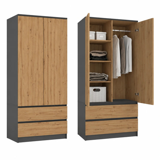 Armoire, avec tiroirs, avec portes, en chêne et panneaux de bois, coloris anthracite, pour la chambre