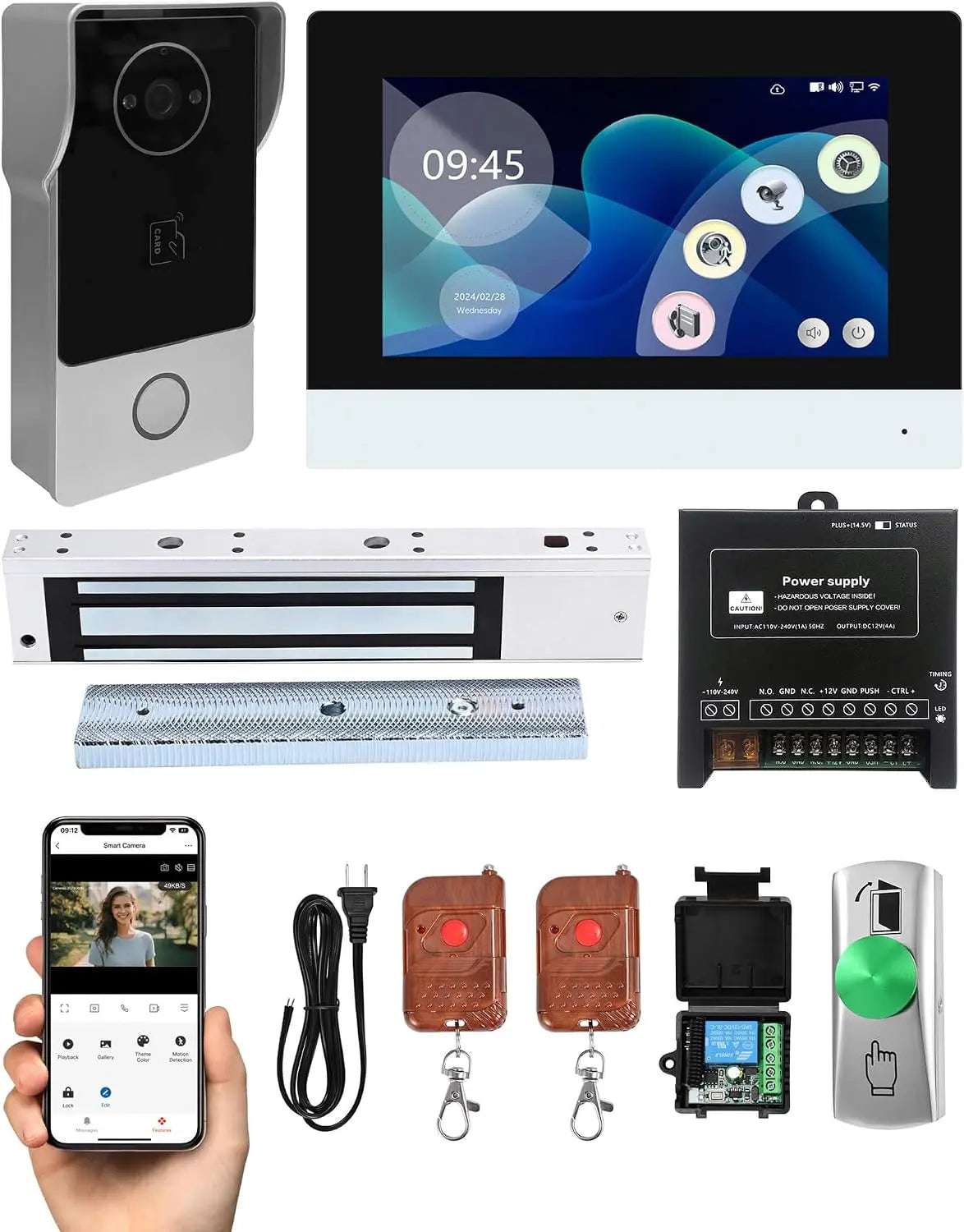 Video Intercom Access Control System, 7 Inch Touch Monitor, 600lb Magnetic Lock, Touch Controls, Remote Control