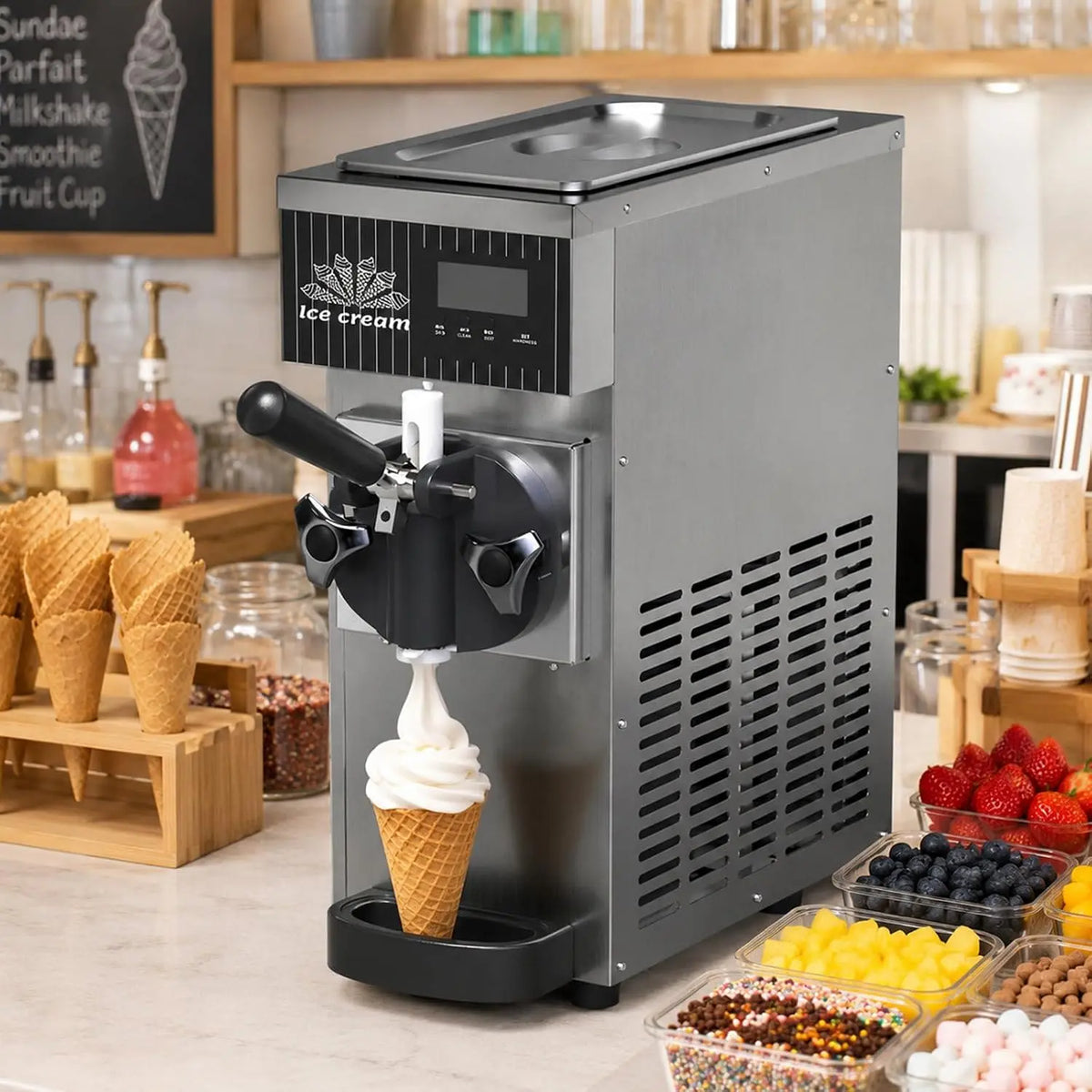 Commercial Soft Serve Ice Cream Machine, 450W Countertop Ice Cream Maker with Auto Clean and LED Control Display, LED Display, Timer