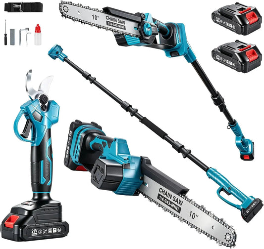 10 Inch Pole Saw with Telescopic High Branch Pole, Pruning Shear Scissors & 2x 4000mAh Batteries