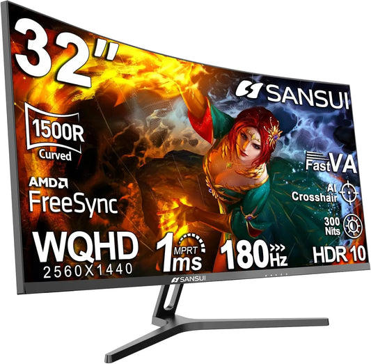 SANSUI 180Hz 32-Inch Curved Gaming Monitor WQHD 2560 x 1440 Curved 1500R