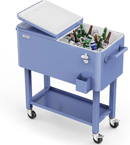VINGLI Rolling Ice Chest, Portable Patio Party Bar Drink Cooler Cart, with Shelf, Beverage Pool with Bottle Opener, Keep-Warm Function