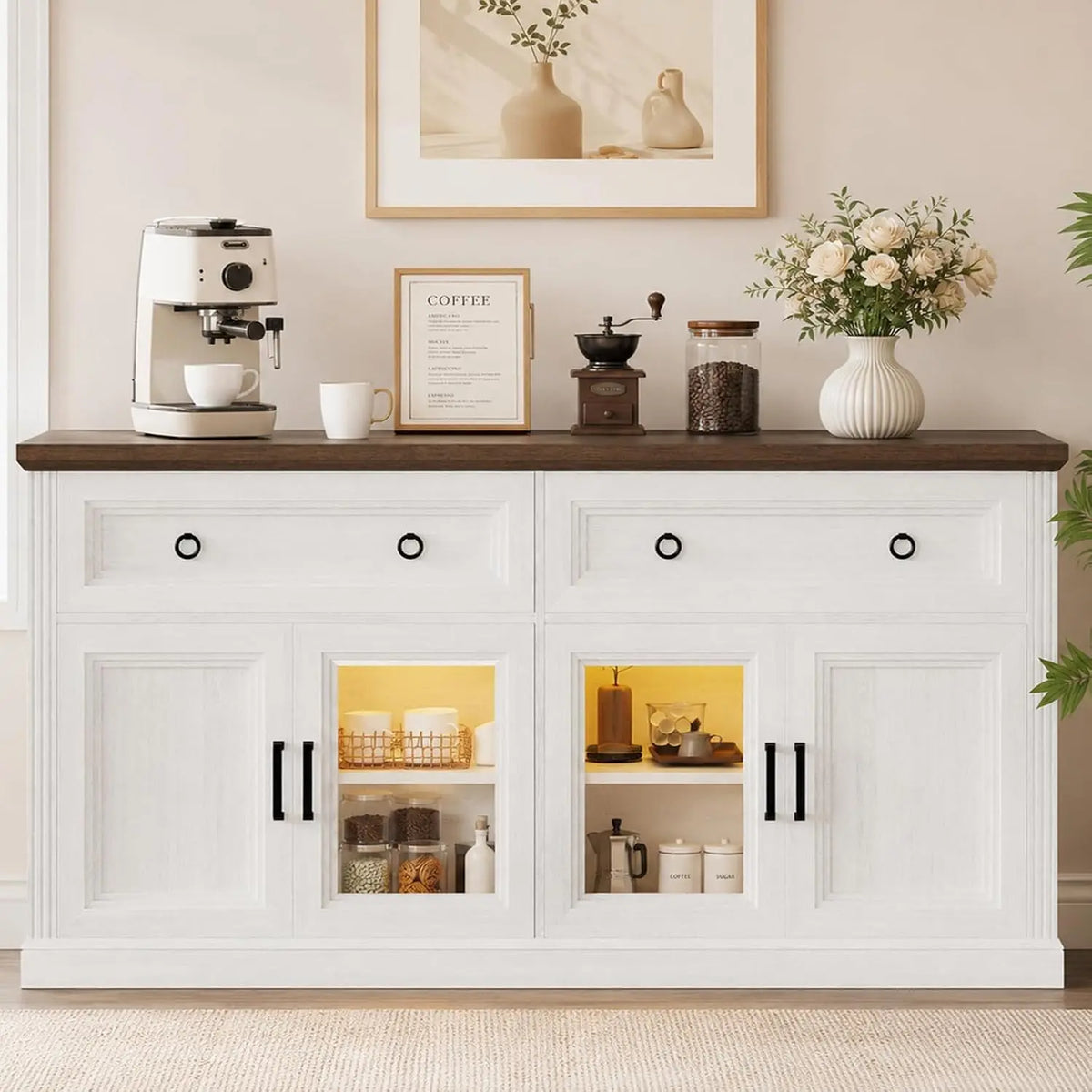 63'' Sideboard Buffet Cabinet with Power Outlet, Antique White, LED Lighting