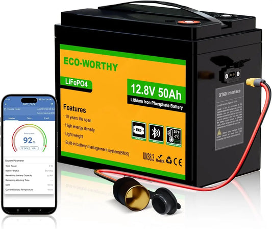 ECO-WORTHY 12V 50Ah LiFePO4 Lithium Battery with XT60 Interface, Bluetooth 5.0