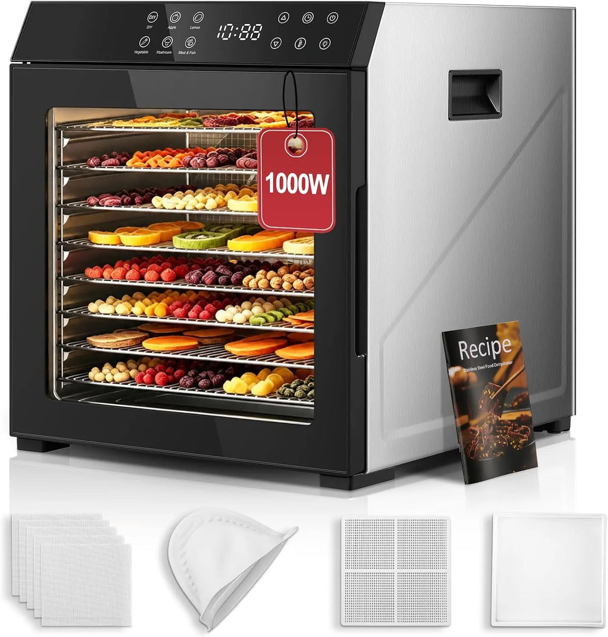 FOHERE 1000W Food Dehydrator 10 Trays with Digital Timer 176 Degrees