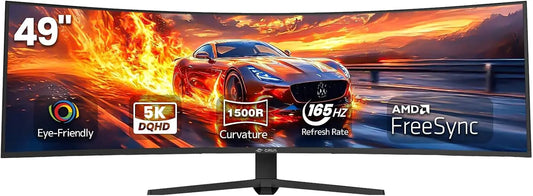 CRUA 49 Inch DQHD 165Hz Ultrawide Curved Gaming Monitor, 1500R, FreeSync, Black