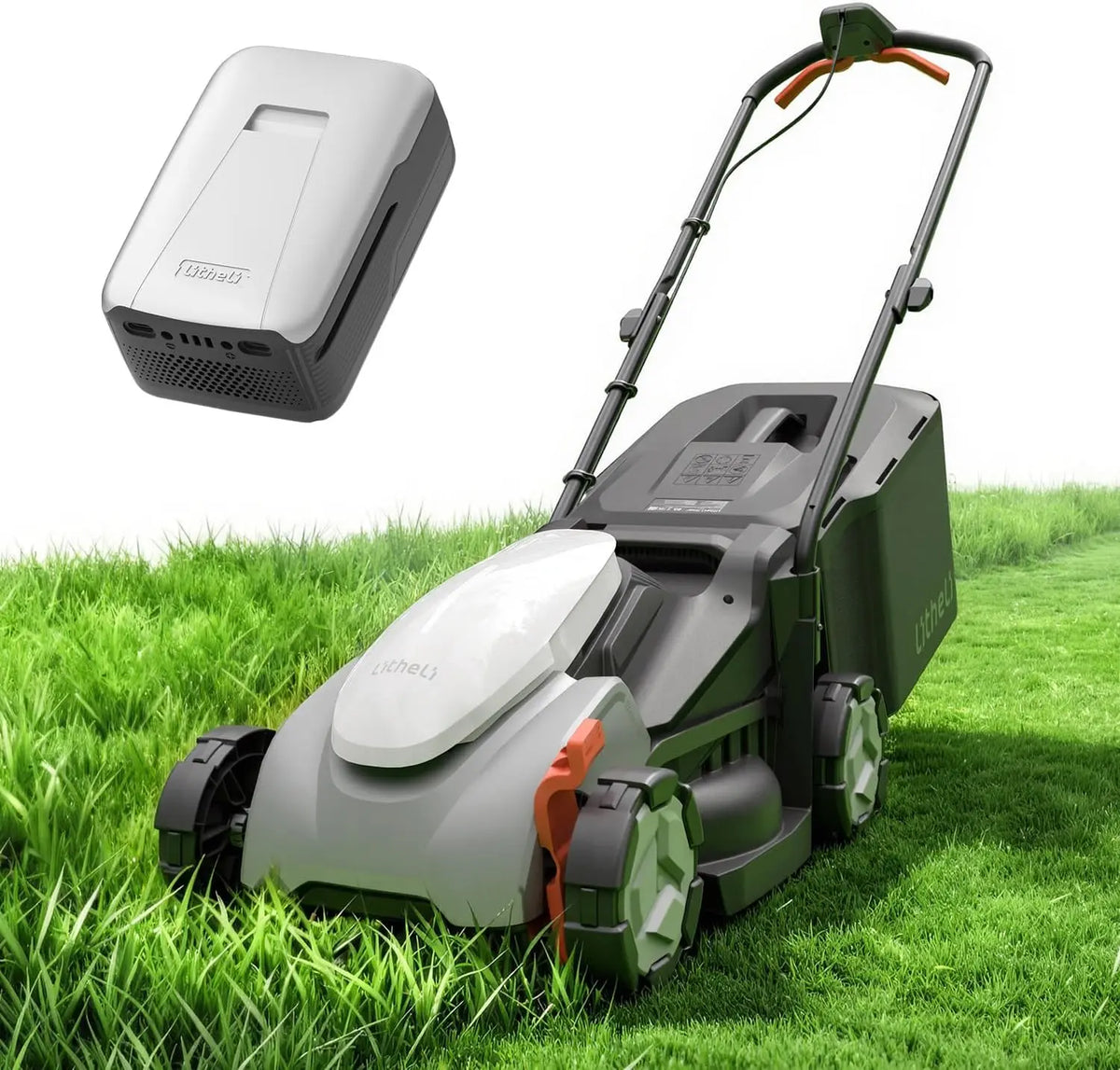 Litheli 14 Inch Cordless Lawn Mower, Brushless Battery Powered Push Mower with 5.0Ah Battery, 5-Position Height, 9-Gallon Bag, Brushless Motor