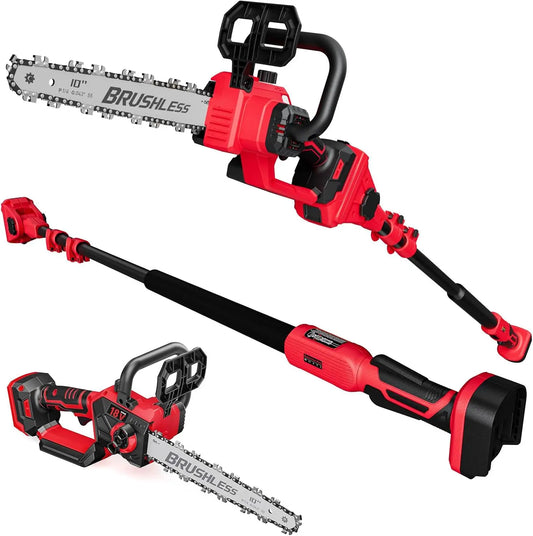 2-IN-1 Cordless 10-Inch Pole Saw And Chainsaw 18V Battery, Total Reach of Max 15ft, Auto Oiling