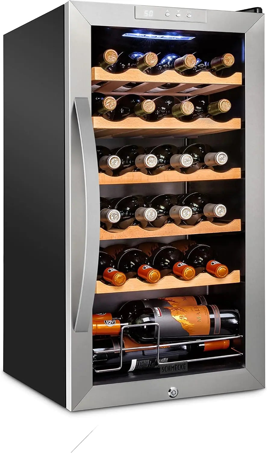 SCHMÉCKÉ 24 Bottle Compressor Wine Cooler Refrigerator w/Lock, White, 41f-64f Digital Temperature Control Fridge Stainless Steel, LED Lighting