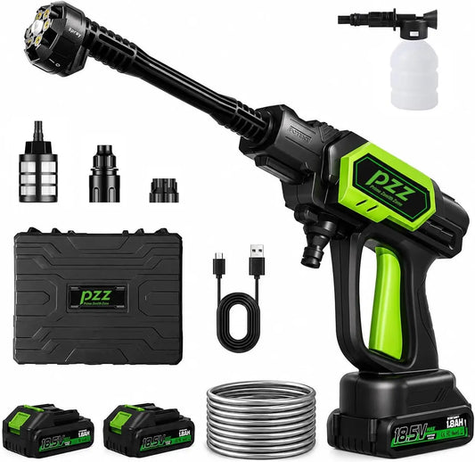 PZZ Cordless Pressure Washer, 1000 PSI Portable Power Cleaner with Dual 18.5V Batteries, 6-in-1 Nozzle & 17FT Hose, Garden & Outdoor Cleaning Green