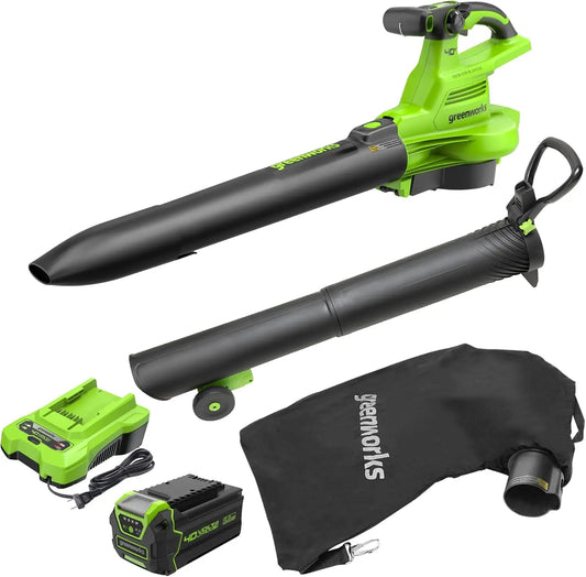 Greenworks 40V Leaf Blower / Vacuum, 505 CFM, 5.0 Ah Battery and Charger, Brushless Motor, Variable Speed