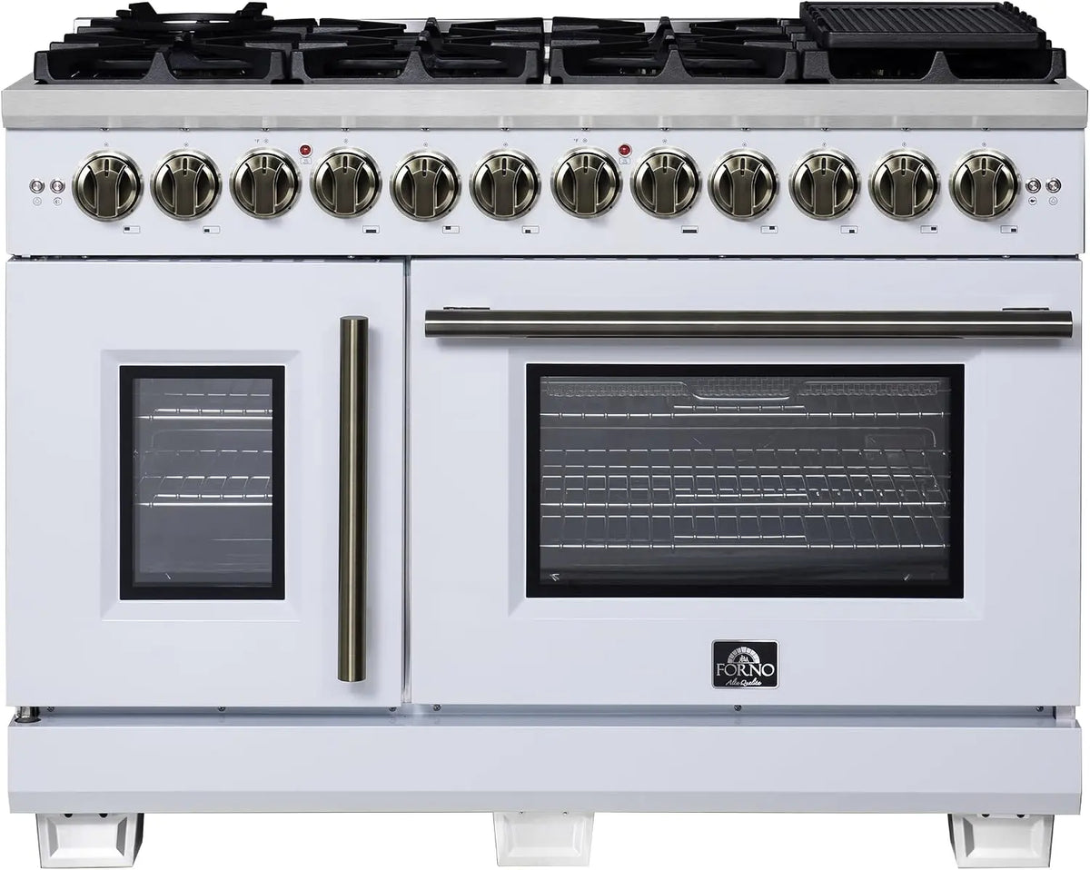 Capriasca 48 Inch French Door Dual Fuel Range in White, with Antique Brass Accessories