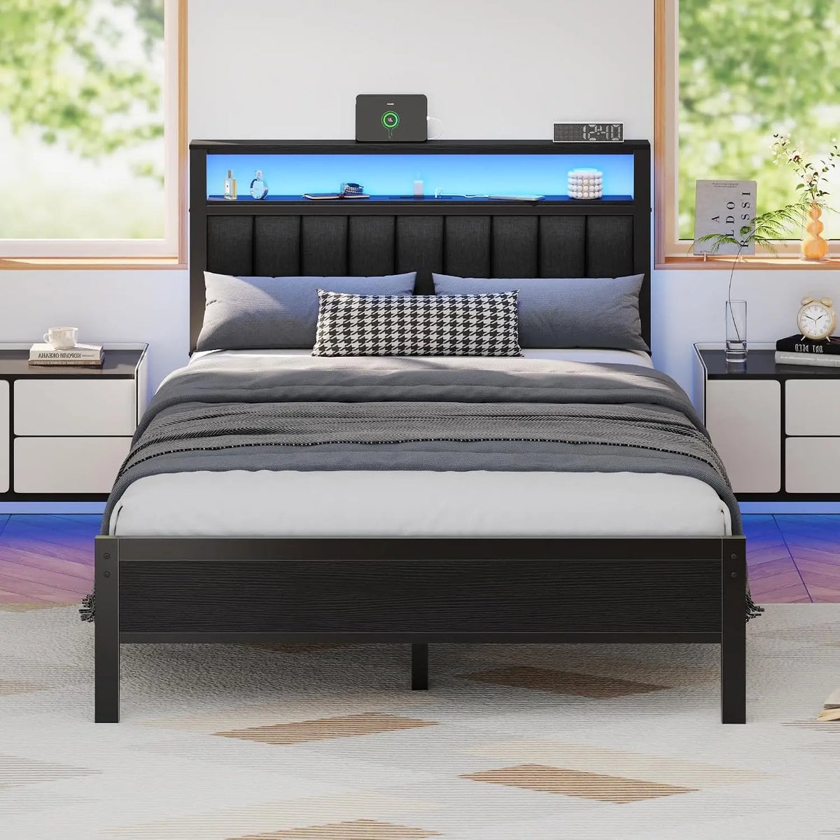 Furnulem Full Size Bed Frame, with Charging Station and LED Lights