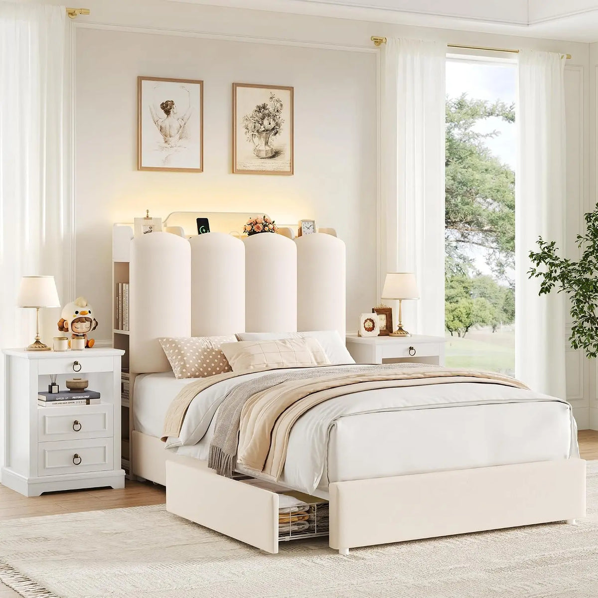 HOSTACK Twin Upholstered Platform Bed Frame with Storage Headboard, Beige, LED Lighting, Timer