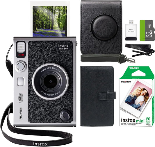 FUJIFILM INSTAX Mini EVO Hybrid Instant Camera + Fuji Instax Film 20 Sheet + Custom Case & Album 32GB Accessory Bundle Black, LCD Display