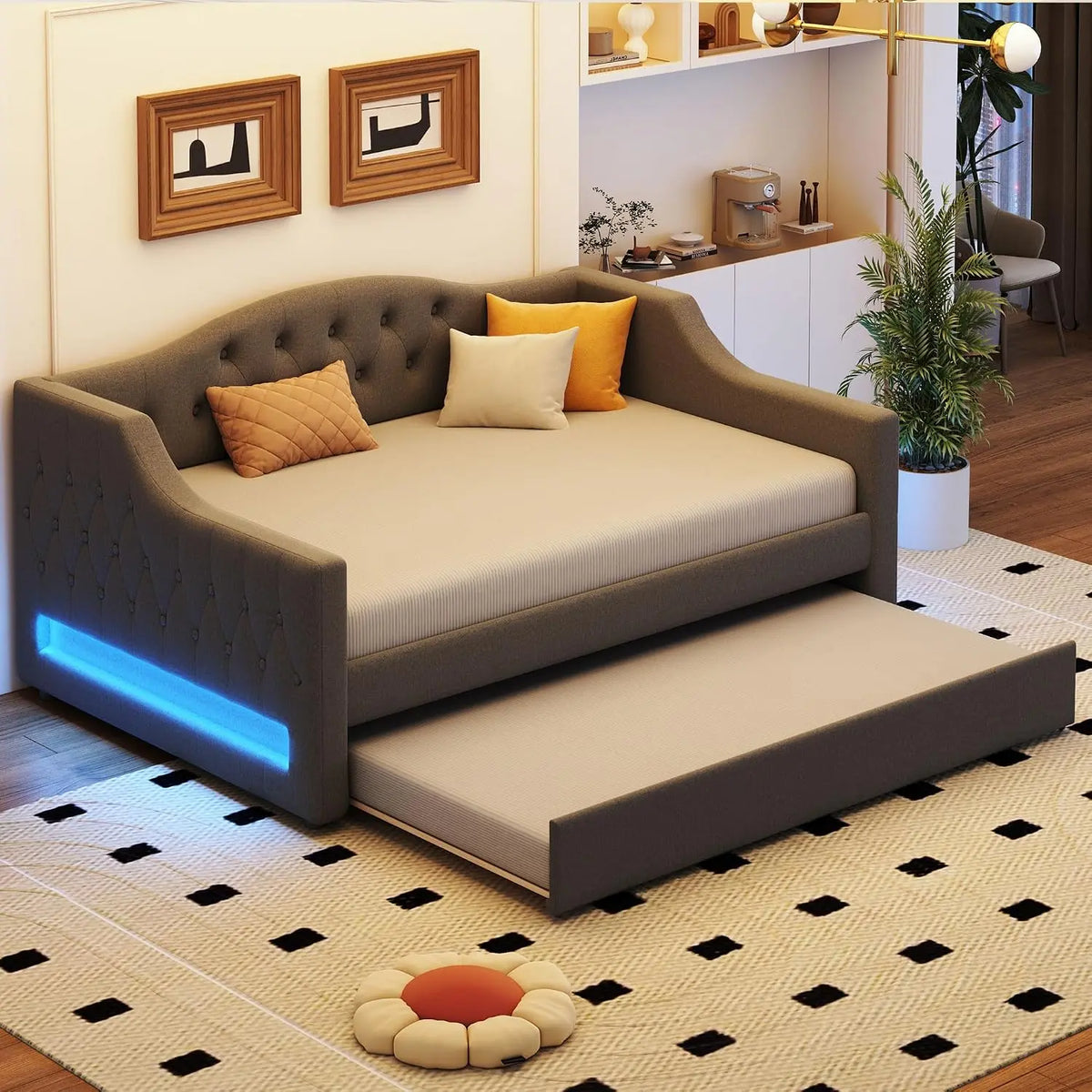 GDFStudio Full XL Upholstered Daybed with Linen Fabric, LED Lighting, Trundle Bed, Sturdy MDF Frame, Multi-Functional Sofa Bed for Users, Gray