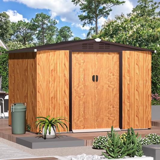 AECOJOY 6x8 FT Galvanized Steel Outdoor Storage Shed, Small Metal Garden Tool Shed with Sloped Roof & Lockable Double Sliding Doors, Wood Grain