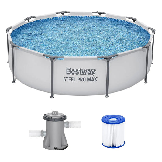 Bestway Steel Pro MAX 10' x 30 Inch Round Metal Frame Above Ground Outdoor Backyard Swimming Pool Set, with 330 Gallon Filter Pump