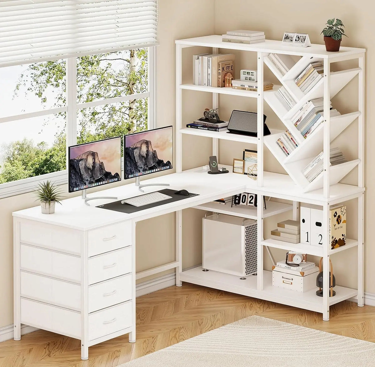 58 Inch White L Shaped Desk with Bookshelf and 3 Drawers for Home Office