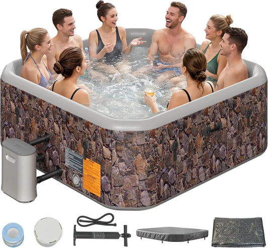85 Inch Drop-Stitch Inflatable Hot Tub for 8 Person, Rigid Portable Outdoor Spa with 180 Massage Jets, Smart Heating Pump, Foil-Lined Thermal Cover