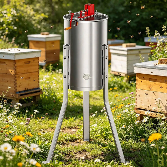 TrailBlaze Stainless Steel Honey Extractor Spinner Centrifuge, Hand Crank or Motor Drive, Adjustable Height Stand, Clear Lid, 2, 4 Frame